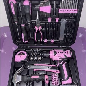 Pink Tool Set kit home tool set with 8V pick cordless drill 126 pieces kit